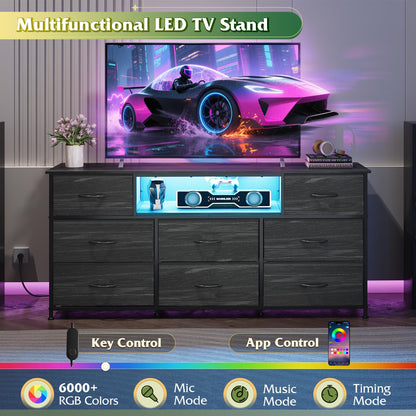 WLIVE Black Dresser TV Stand for 50, 55, 65 inch TV, Entertainment Center with LED Lights & Charging Station, Chest of Drawers with 8 Fabric Drawers and Open Shelves for Living Room, Bedroom, Wood Top