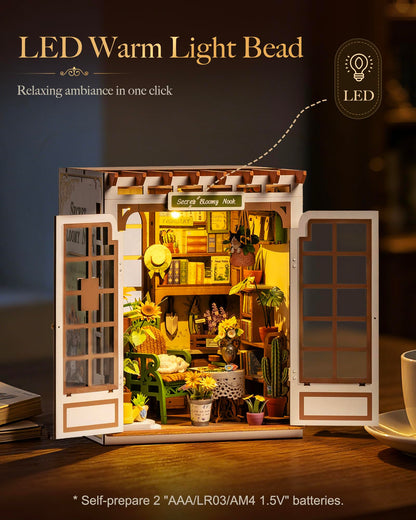 Rolife 6 hrs DIY Book Nook Kit, Secret Bloomy Nook TGE04 3D Wooden Puzzle Floristry Garden, Miniature Dollhouse Bookend with Touch LED Lights, Arts and Crafts Gift for Adults