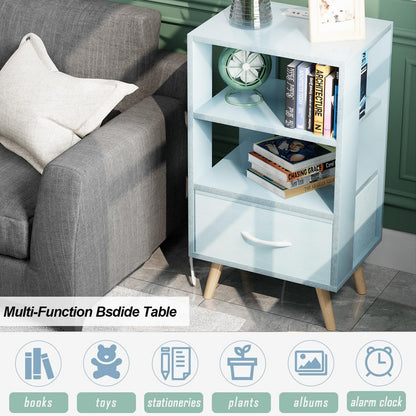 Aenuert Night Stand with Charging Station, Blue Nightstand with Drawer, 3-Tier Wooden Bedside Table with USB Ports and Outlets, End Table for Small Space, Living Room, Bedroom