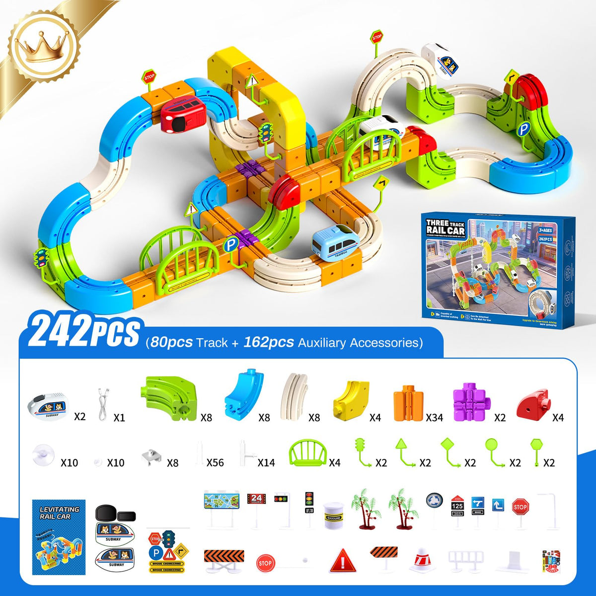 LWuuywa Electric Train Set for Kids, 242Pcs DIY Cube Track Block Toy with Traffic Signs, Gravity-Defying Motorized Trains Tracks Toys for Boys Girls Ages 3+, STEM Learning Fun Gift