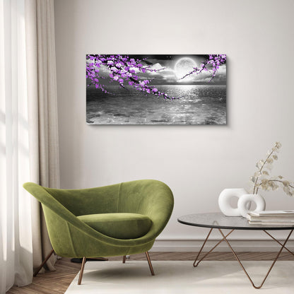 Large Purple Wall Art Decor for Living Room Bedroom Framed Black and White Seascape Full Moon Purple Flower Painting Canvas Picture Modern Hand-Painted Plum Blossom Artwork for Home Office