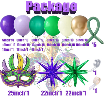 Mardi Gras Purple Green Yellow Gold Balloon Garland Arch Kit 156Pcs with Large Mardi Mask Explosion Star Foil Balloons for Carnival Birthday Masquerade Party Decorations Fat Tuesday Party Supplies