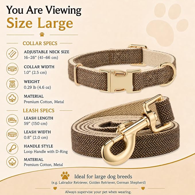 Herringbone Tweed Dog Collar and Leash Set for Large Dogs, Grey-Brown | Snag-free, no-rub design. Soft breathable cotton, gentle on fur. Adjustable durable matching combo for walks & outdoors.