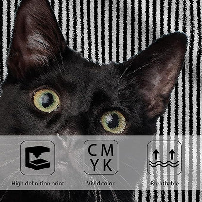 Cute Black Cat Hand Towel for Bathroom Set of 2, Cat on Black White Stripes