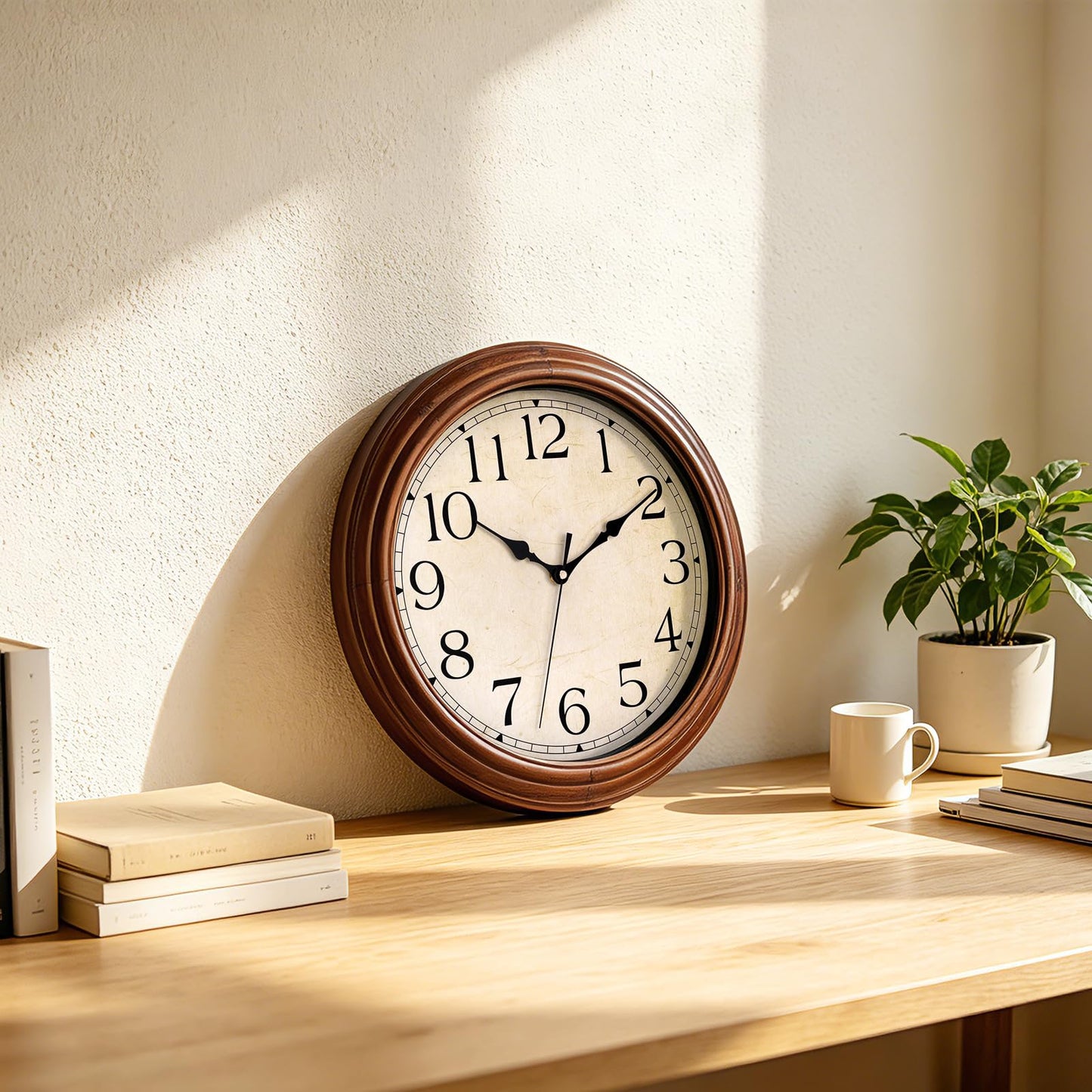 Foxtop Wood Wall Clock 14 Inch Silent Non-Ticking Battery Operated Large Retro Wooden Clock Decorative for Living Room Bedroom Kitchen Home Office