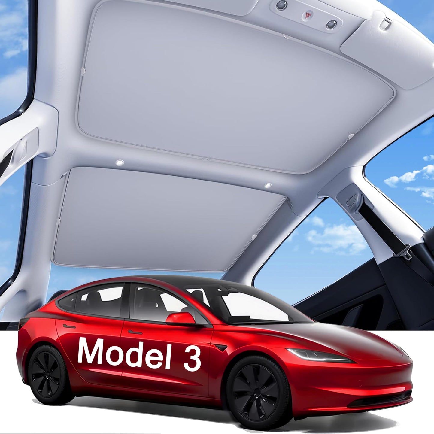 2025 Upgraded Tesla Model 3 Highland Sunshade Roof, UPF200+ Roof Sunshade with Storage Bag, No-Sag&No-Gaps Heat Insulation Foldable Top Windows Sun Shade, Tesla Accessories for Highland 2024-2025,Gray