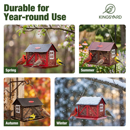 Kingsyard Metal Bird Feeder for Outdoors Hanging, 2-in-1 Wild Bird Feeder with Seed Tray & Built-in Perch, 5 lb Large Capacity for Cardinal Chickadee Finch, Bronze