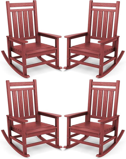 SERWALL Oversized Outdoor Rocking Chair Set of 4, HDPE Rocker for Adults, Patio Rocking Chairs for Porch, Crimson Red