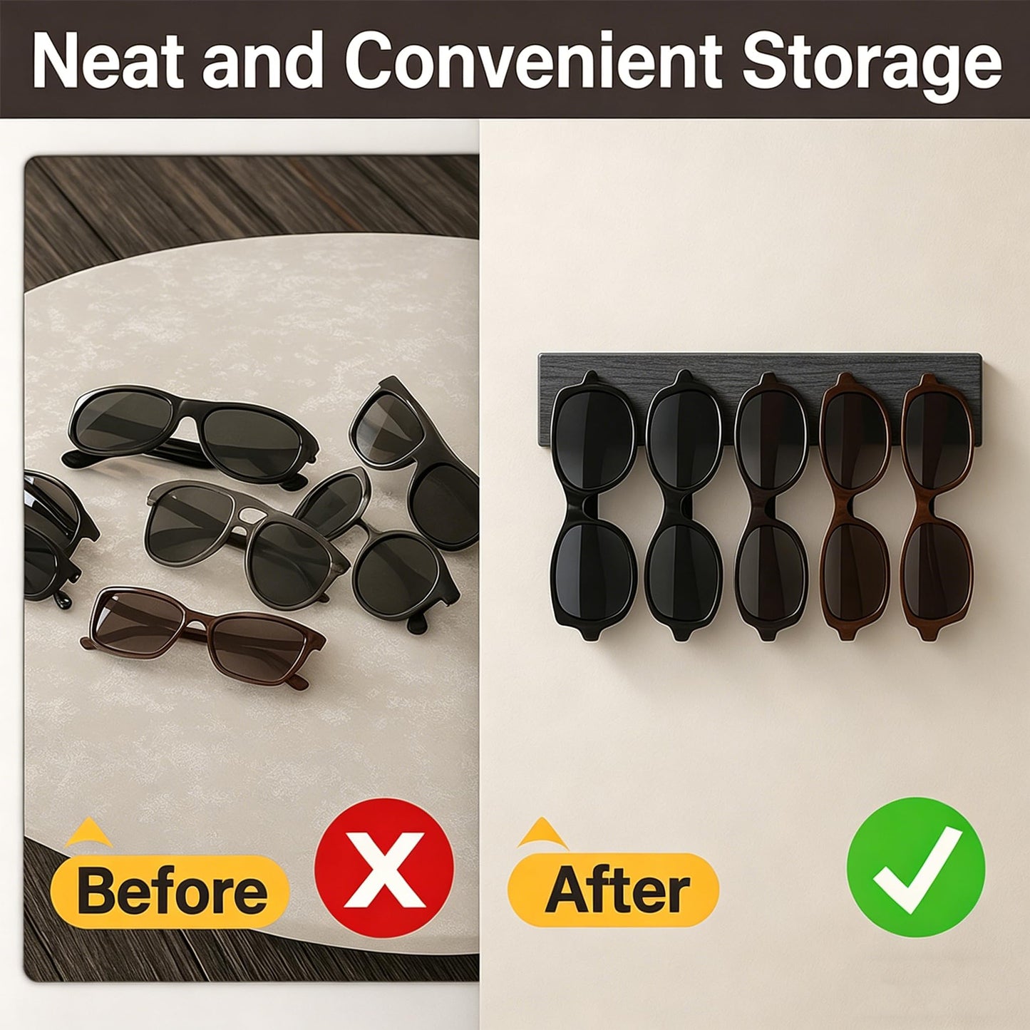 Udduwic 3 Pack Sunglasses Organizer, Wall Mounted Sunglass Rack, Wooden Sunglasses Holder Glasses Organizer for Wall, Home Decor, Dark Grey