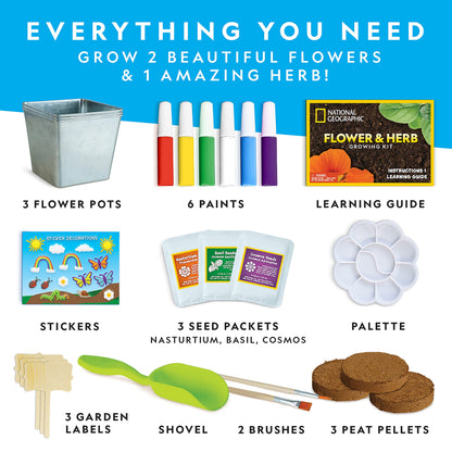 National Geographic Flower & Herb Gardening Kit for Kids - Gardening Set with 3 Stainless Steel Pots, Paint & Stickers, Kids Plant Growing Kit