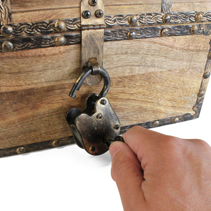 Nautical Cove Antique Finish Wood Treasure Chest with Decorative Rivets and Reinforcing Iron Strips with Lock and Skeleton Keys (Light Antique, X-Large 16x12x12) - Wooden Keepsake Box, Storage Chest