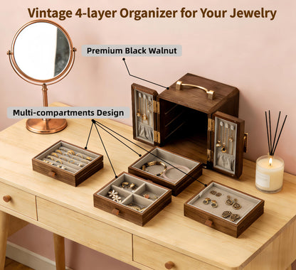XYittkl Black Walnut Jewelry Box,Handmade Wooden Jewelry Organizer, 4-layer Jewelry Holder with Velvet&Gold Handle, Gifts for Women Mother's Day Anniversary Birthday, Mirrored Floral Window Design