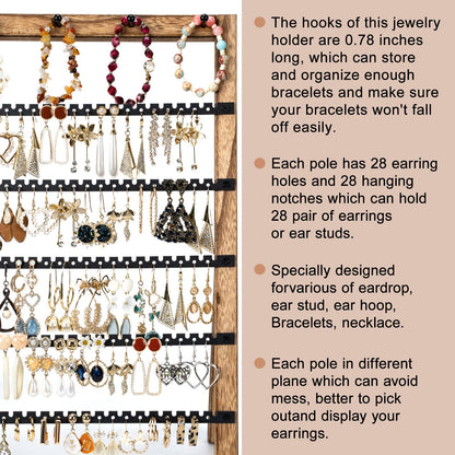 Emfogo Earring Holder Organizer, 6 Tier Earring Display Stand with 285 Holes & 6 Bracelet Rods, Rustic Wood Jewelry Organizer for Earring Bracelet Necklace Ring, Gifts for Women (Rustic)