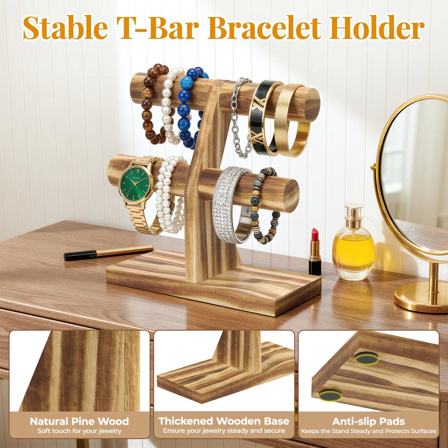 EsLuker.ly Bracelet Holder Display Wooden Stand Organizer, T Bar Bangle Storage Rack for Home Vendors Business Selling, Large Capacity 2 Tier Jewelry Tree Tower for Watches, No Clutter, Rustic Brown