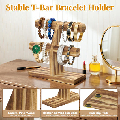 EsLuker.ly Bracelet Holder Display Wooden Stand Organizer, T Bar Bangle Storage Rack for Home Vendors Business Selling, Large Capacity 2 Tier Jewelry Tree Tower for Watches, No Clutter, Rustic Brown