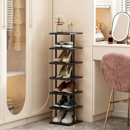 SORCEDAS 7 Tiers Vertical Shoe Rack Wooden Shoe Storage Organizer for Space Saving Narrow Shoe Shelf Storage 7 Pairs for Entryway Living Room Bedroom(Black + Rustic Dark Brown)