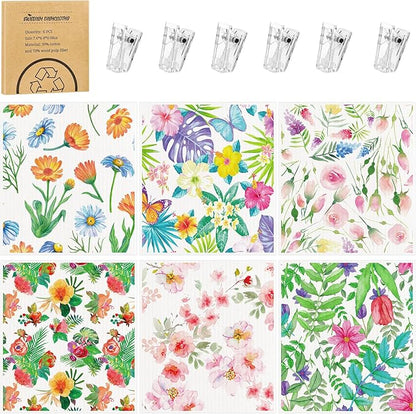6 Pack Swedish Dishcloths for Kitchen, Swedish Rag Absorbent Spring Floral Dish