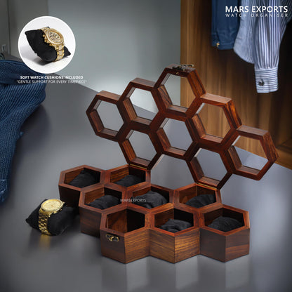 Mars Exports Wooden Watch Organizer Case with Glass Lid | 8 Slot Men’s Watch Storage Box – Dark Rosewood Finish | Elegant Watch Holder for Travel & Gift for Watch Lovers