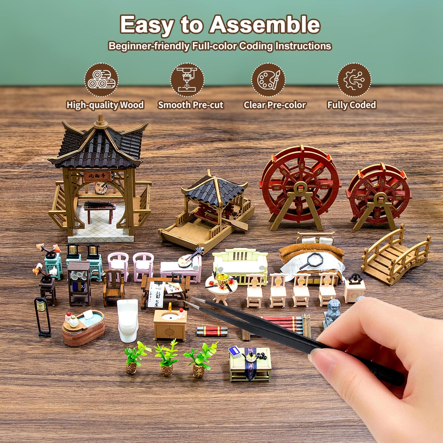 Hallisun DIY Miniature House Kit, Fairyland Tiny 3D Wooden House Making Set for Adults, Dollhouse Bookshelf Decor with Furniture & LED Lights, Christmas Birthday Greenhouse Craft Gift for Friend