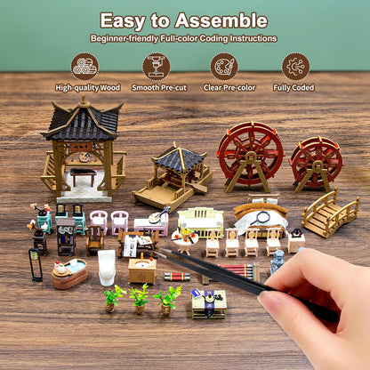 Hallisun DIY Miniature House Kit, Fairyland Tiny 3D Wooden House Making Set for Adults, Dollhouse Bookshelf Decor with Furniture & LED Lights, Christmas Birthday Greenhouse Craft Gift for Friend
