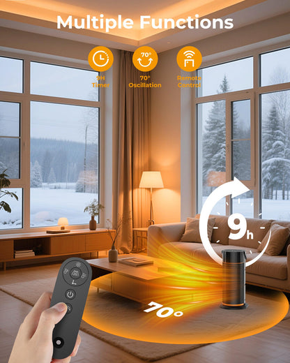 HiLUNDA Portable Electric Space Heater - 1500W PTC Ceramic Fast Safety Heat Heaters with Remote, Timer, 70° Swing, LED Display and Child Lock for Office Bedroom Home Indoor Use