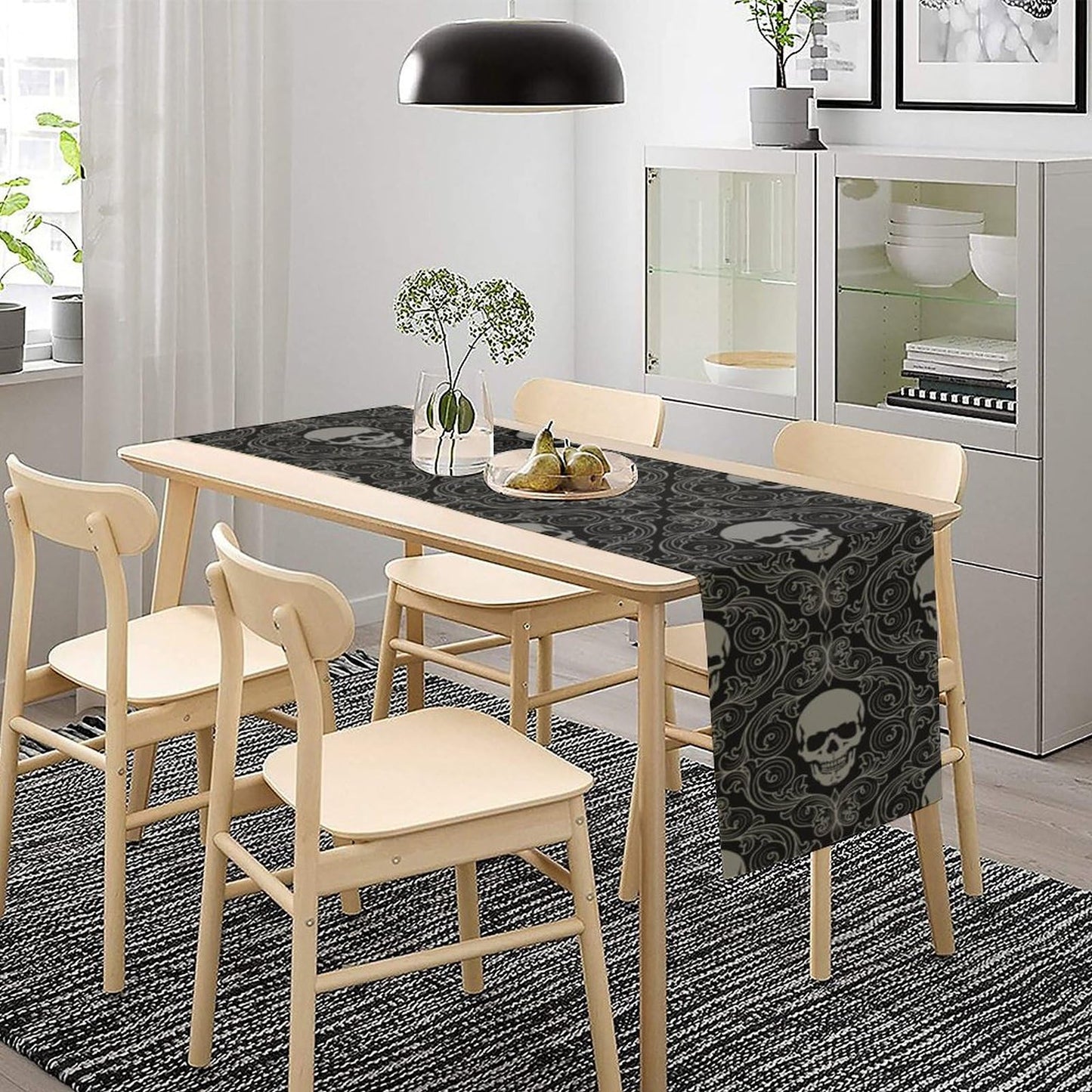 Gothic Skull Table Runner Black Abstract Halloween Damask Geometric Striped Skeleton Table Decor Table Top Kitchen Dining Wedding Party 13x60 in
