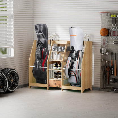 Ponsonbay Golf Bag Storage Organizer for Garage, Premium Wooden 2 Golf Bags Rack with Drawer, Easy Assemble Golf Club Stand/Holder Suitable for Garage Home Simulator and Office
