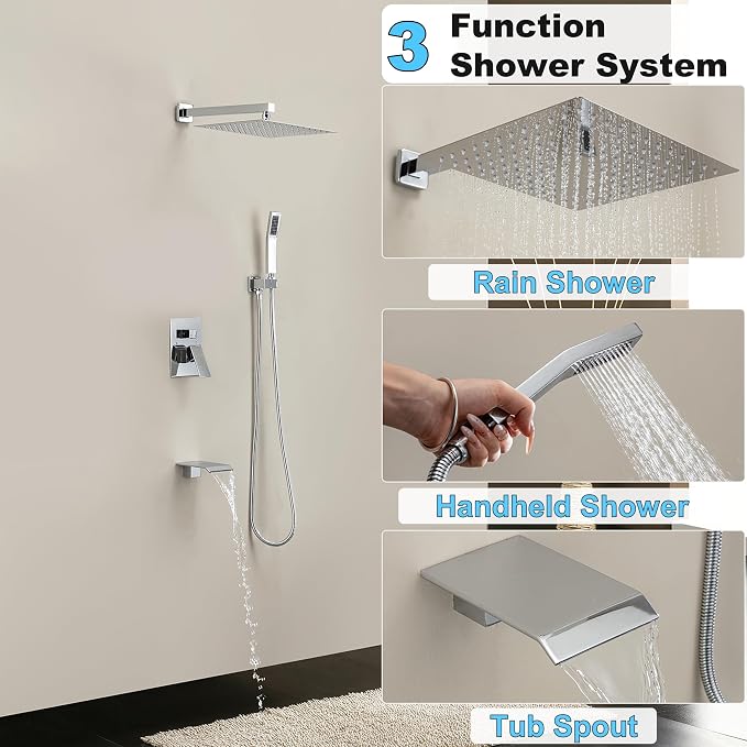 Polished Chrome Shower System with 10-Inch Rain Showerhead and Tub Spout | cUPC-certified pressure balance brass valve to prevent scalding, CEC-certified air injection technology for low pressure