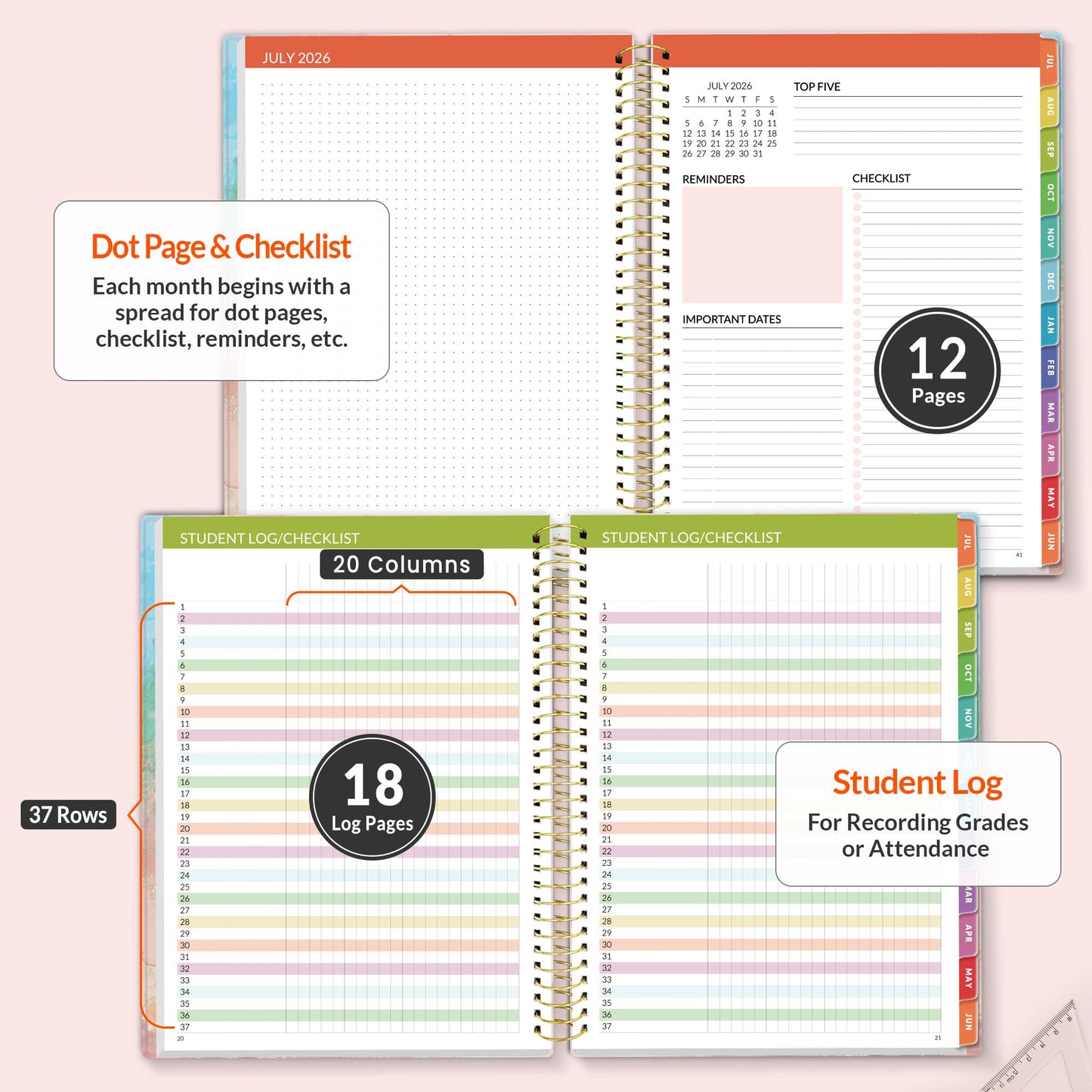 SUNEE Deluxe Teacher Planner 2026-2027, Lesson Planner Book with 7 Periods Jul 2026 - Jun 2027, 8.5" x 11" Weekly and Monthly Organizers with Colorful Tabs, Planning Stickers,120gms Paper, Pink Marble