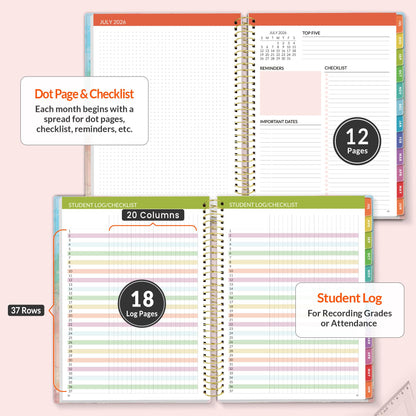 SUNEE Deluxe Teacher Planner 2026-2027, Lesson Planner Book with 7 Periods Jul 2026 - Jun 2027, 8.5" x 11" Weekly and Monthly Organizers with Colorful Tabs, Planning Stickers,120gms Paper, Pink Marble