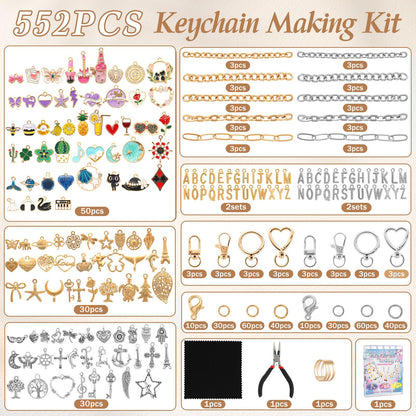Zefy 552Pcs Charms Lip Gloss Keychain Making Kit, Gold Silver Bag Charm Kit, Including 214 Charms 24 Key Chain Clips with Organizer Box, DIY Craft Supplies for Jewelry Making and Gifts