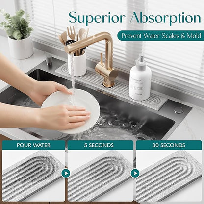 Stone Kitchen Sink Faucet Mat, Premium Upgraded Diatomite Drying Stone Mat &