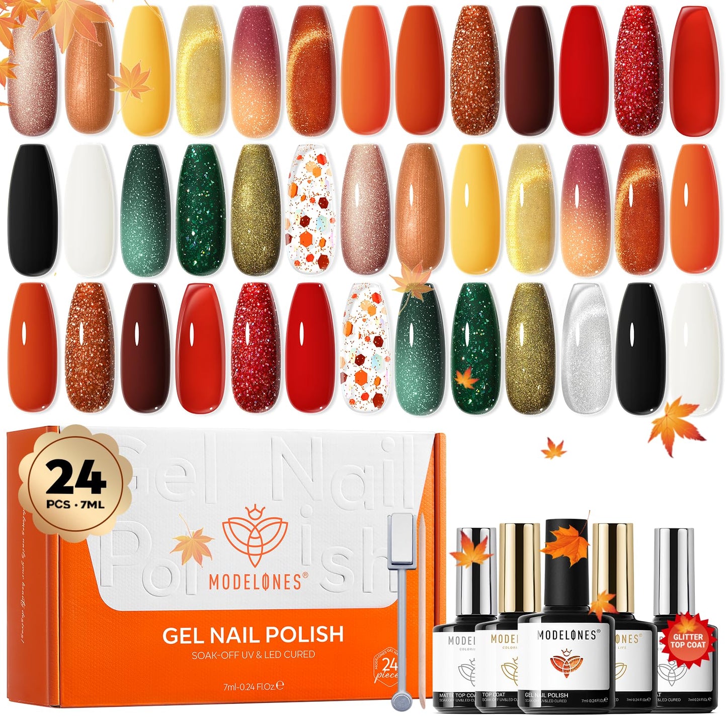 modelones 24PCS Gel Nail Polish Set, Fall Winter Cat Eye Shimmer Gel Polish Kit Soak Off with Glitter, Glossy and Matte Top Base Coat DIY Manicure at Home