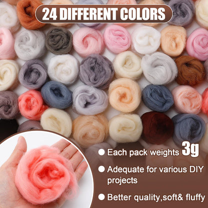 72pcs 7.6 oz Needle Felting Wool- 24 Colors Nature Wool Roving Yarn for Beginners Hand Spinning Felting Supplies, 3g/Pack