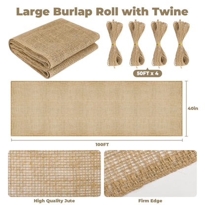 Whmayai 40" x 100 Ft Natural Burlap Fabric Roll with 4 Free Jute Twines - Garden Burlap Wrap for Trees, Winter Plant Protection, Weed Barrier, Raised Bed Liners, Craft & Aisle Runner