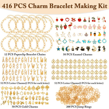 Flasoo 416 Pieces Gold Charm Bracelet Making Kit, Including Paperclip Chain Bracelets, Charms, Jump Rings for Jewelry Making