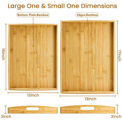 GOLD HONEY Bamboo Serving Tray with Handles Set of 2 - Decorative Wooden Tray for Living Room, Bathroom, Suitable for Used in Bedroom, Kitchen, Coffee Table, Outdoor and Storing - 17x13in, 16x12in