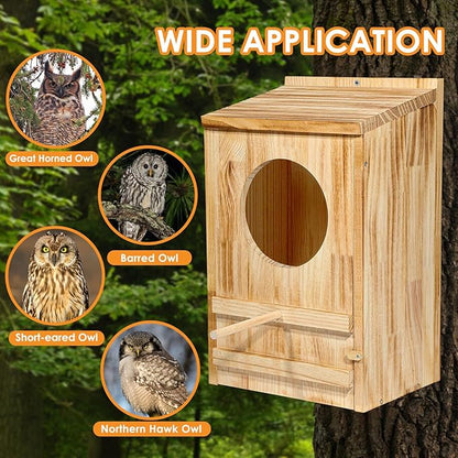 ONKO Large Great Horned Owl House,23''x 14''x 10''Owl Nesting Box for Outside,Wooden Nest House Circular Opening Bird Houses, Suitable for Wildlife Barn,Eastern Screech,Great Horned,Assembly Required