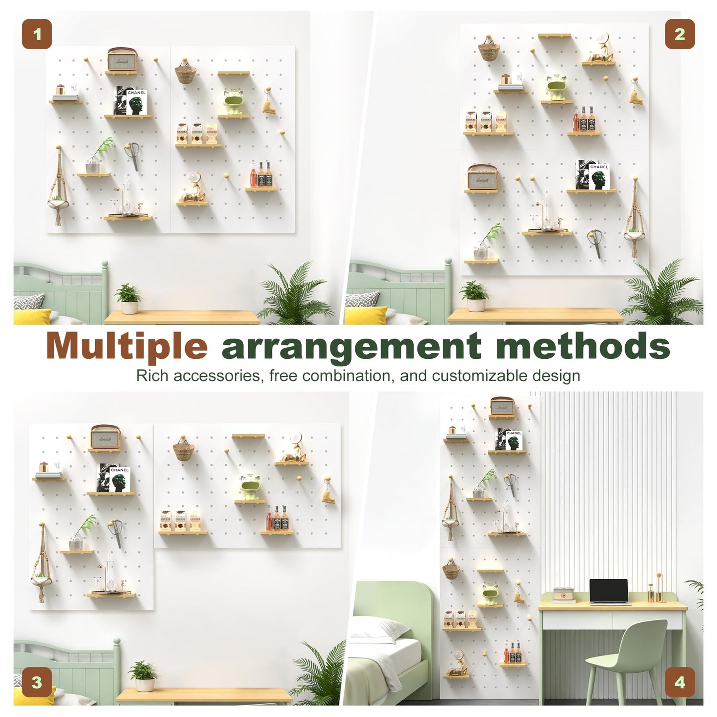 Wood Peg Board Wall Organizer, Thick Wooden Pegboard Kit, Modular Hanging Peg Board Storage System for Home Office Craft Room Gaming Garage Tool Store