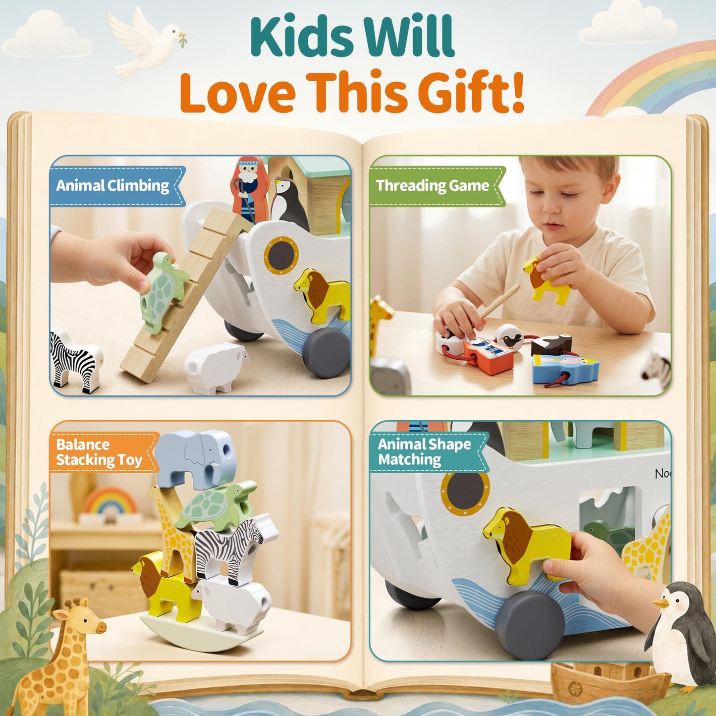 HASHMUST Wooden Noah's Ark Toy for 1 Year Old Baby Boy and Girl Gift - Pull Along Toddler Montessori Toy with Animal Shape Sorter Stacker for 1-3 Christmas Birthday Preschool Baptism Gift