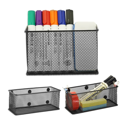 Neudeco Magnetic Locker Shelf Organizer, Pencil Holder, Metal Storage Basket for Whiteboard, Refrigerator, Ideal Cabinet for School, Black (Pack of 3)