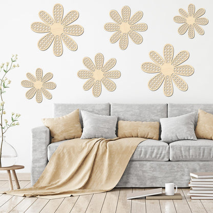 Thyle 6 Pcs Boho Daisy Wall Decor Natural Rattan Flower Wall Hanging Art Wooden Boho Art Nursery Decor Daisy Signs Flowers Farmhouse Hanging Decoration for Home Office Nursery