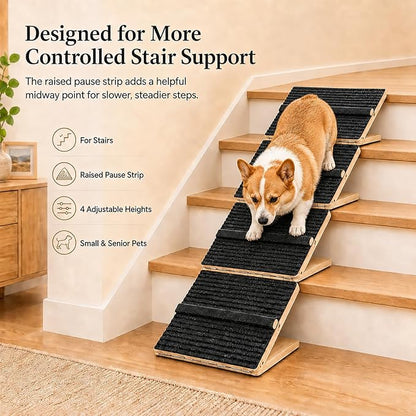 4 Pack Dog Ramp for Stairs – Solid Wood Adjustable & Foldable, 4 Heights, Non-Slip Silicone Base, Traction Felt, Raised Pause Strip, 35lb for Small & Senior Dogs