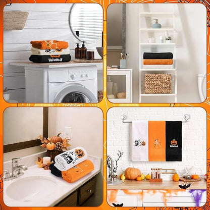 3 Pcs Halloween Hand Towels for Bathroom Embroidered Pumpkin Ghost Skull
