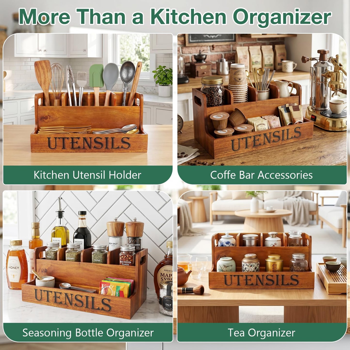 TREWAVE Wooden Utensil Holder for Kitchen Countertop, Large Acacia Wood Kitchen Utensil Organizer with 4 Compartments, Farmhouse Silverware Caddy for Spatula, Ladle & Cooking Tools