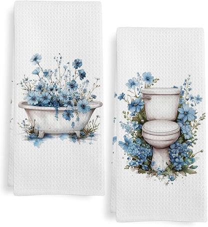 Blue Floral Hand Towels for Bathroom Set of 2, Flower Botanical Dish Tea