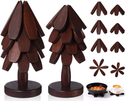 Wonderjune Tree Coasters Set of 8, Wooden Trivets for Hot Dishes, 2 Sizes Foldable Tree Shaped Trivets with 2 Stands, Decorative Kitchen Table Pad Mat Decor for Hot Pots, Pans, Cups(Walnut Wood)