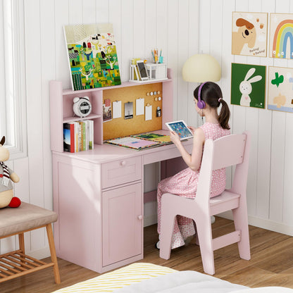 FTZxHKLX Kids Study Desk with Chair, Children Study Table and Chairs for 5-12 Years Old, Wooden Kids Desk and Chair Set with Hutch and Storage Cabinet for Bedroom, Study Room, Pink