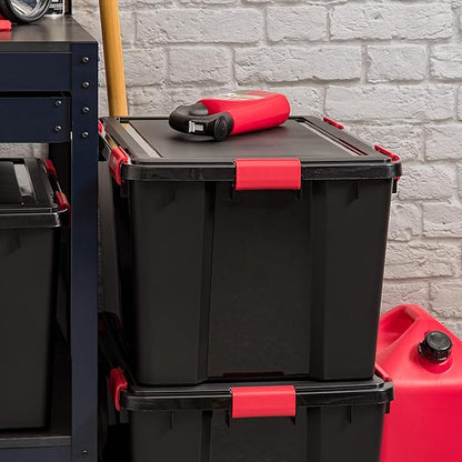 IRIS USA WeatherPro 74 Qt Storage Bins with Lids, 3 Pack, BPA-Free Plastic Gasket Box with Tight Latch and Seal, Stackable Nestable Tote Tub - Black/Red
