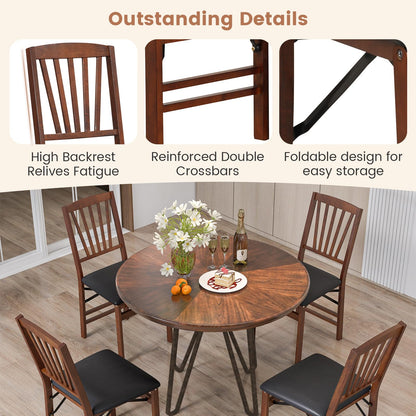 COSTWAY Folding Dining Chairs Set of 2, Upholstered Wooden Dining Room Chairs with PVC Padded Seat, Solid Wood Frame and 400LBS Capacity for Kitchen Apartment (Black & Brown)